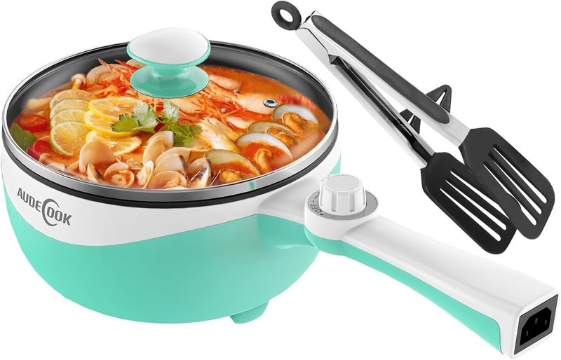 Audecook Hot Pot Electric, 1.7L Mini Electric Skillet Portable Nonstick Sauté Pan with Power Adjustment, Ramen Cooker Travel Multicooker for Steak/Soup/Egg/Oatmeal/Noodles (Tongs for Cooking Included) - Image 1